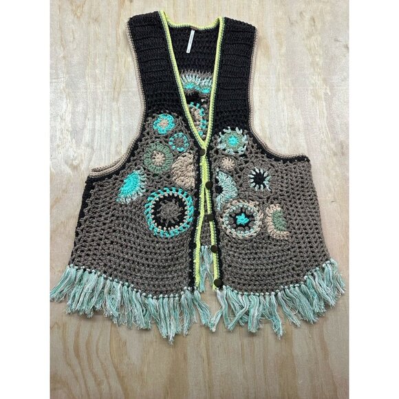 Free People Desert Rose Crochet Vest Racerback Sleeveless Size M Boho Browns - Picture 1 of 7